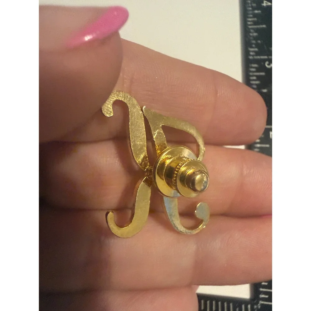 Gold Tone Initial Letter K Rhinestone Script Lapel Pin Brooch Monogram Accessory